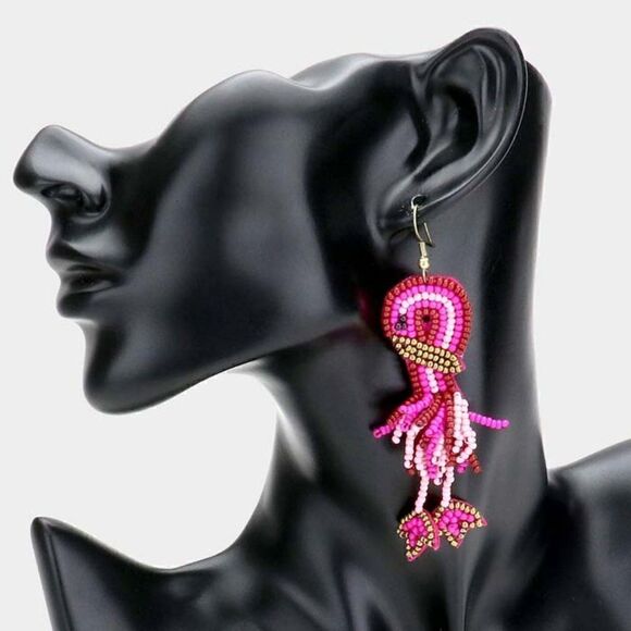 Flamingo Pink Seed Beaded Dangle Earrings - Picture 4 of 6